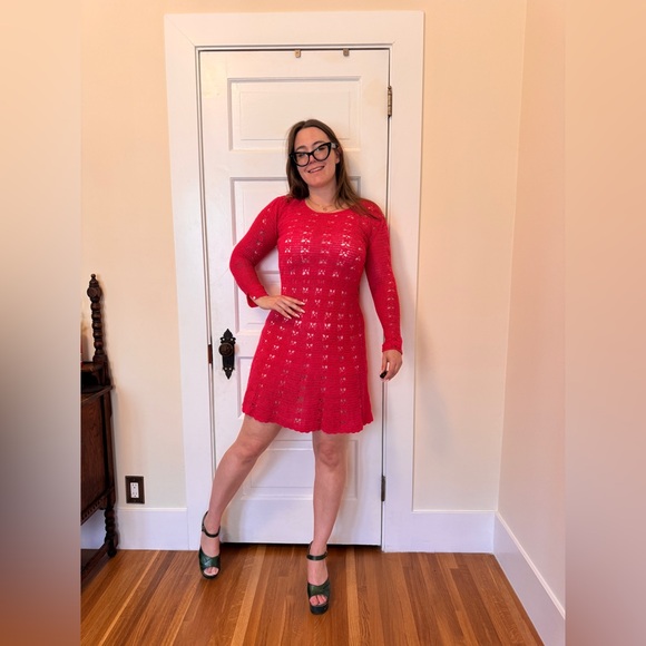 Vintage Dresses & Skirts - 70s Vintage Pink Crochet Knit Dress w Heart Buttons Sz Sm